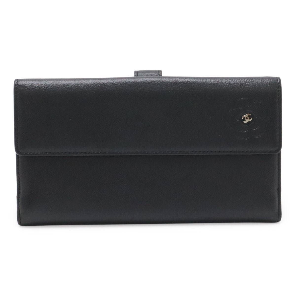 Chanel Camellia Snap Double Wallet Leather Black Silver