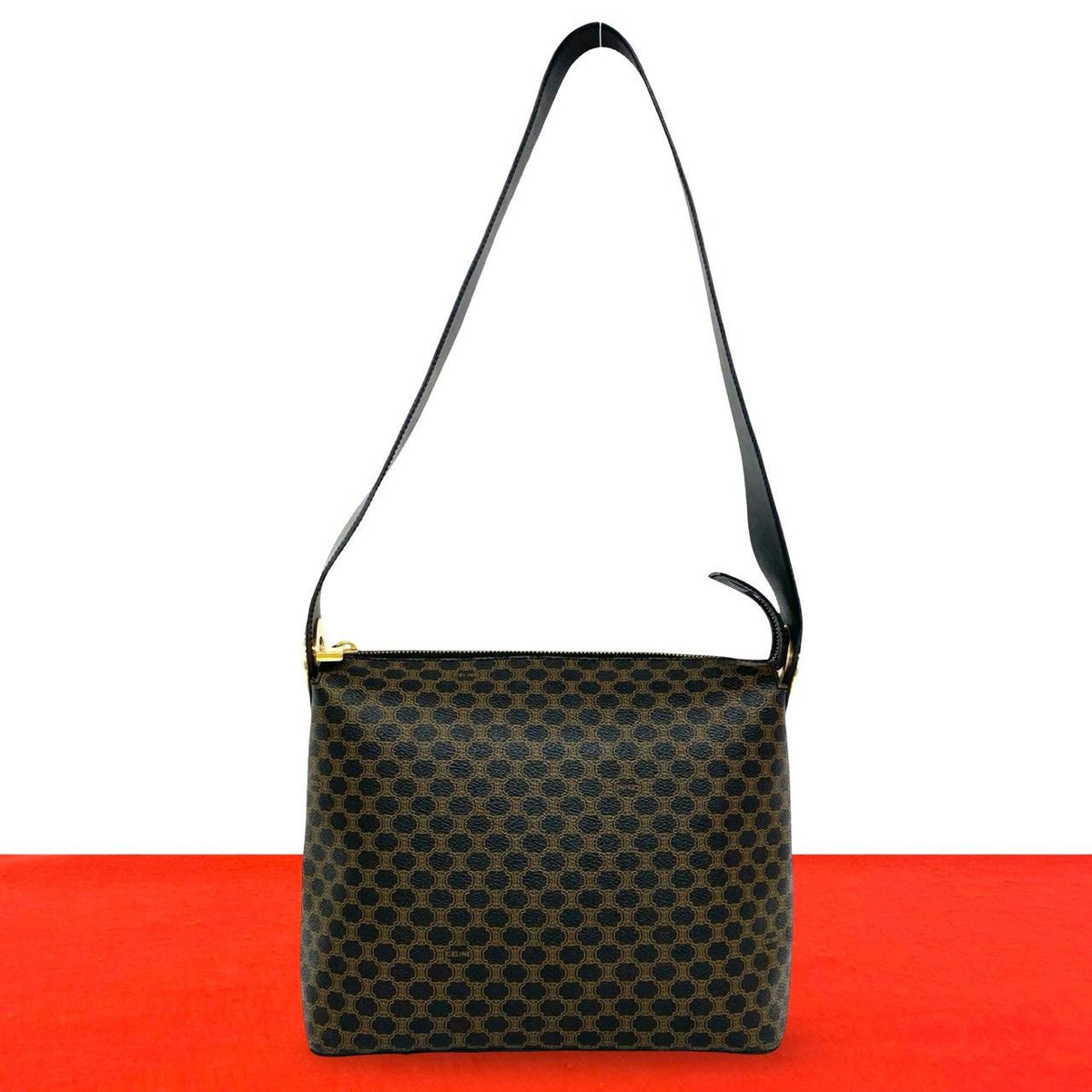 Celine Macadam Blason Triomphe Pattern Circle Logo Leather Semi Bag Black