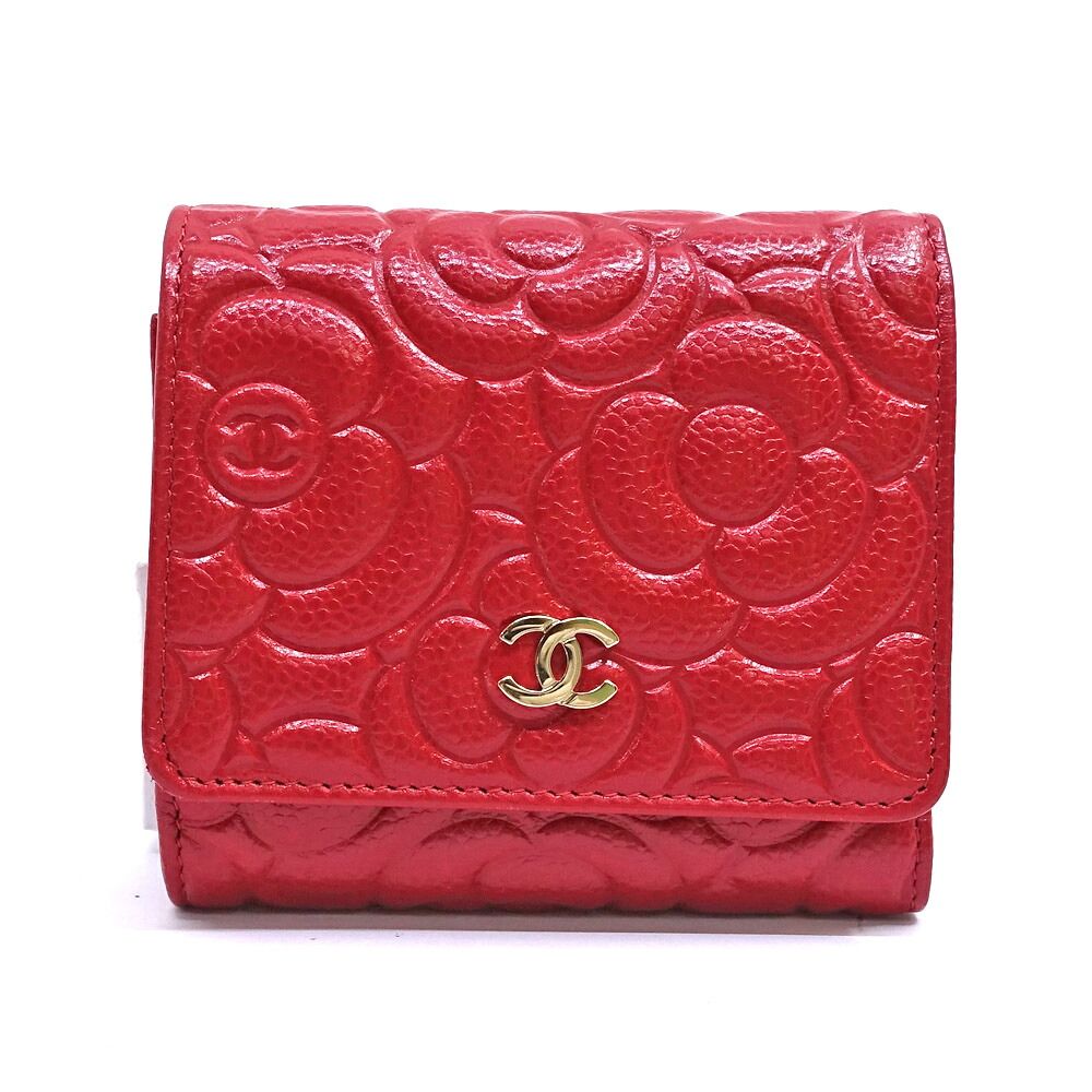 Chanel Trifold Wallet Camellia Red Caviar Leather CC Logo