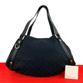 Gucci Vintage GG Pattern Logo Canvas Leather Tote Shoulder Bag Navy