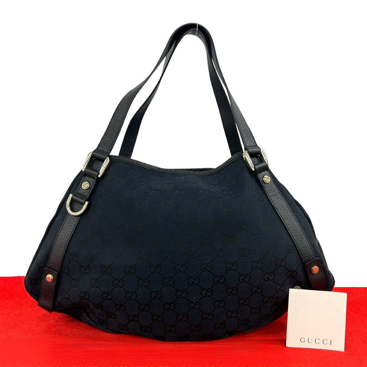 Gucci Vintage GG Pattern Logo Canvas Leather Tote Shoulder Bag Navy
