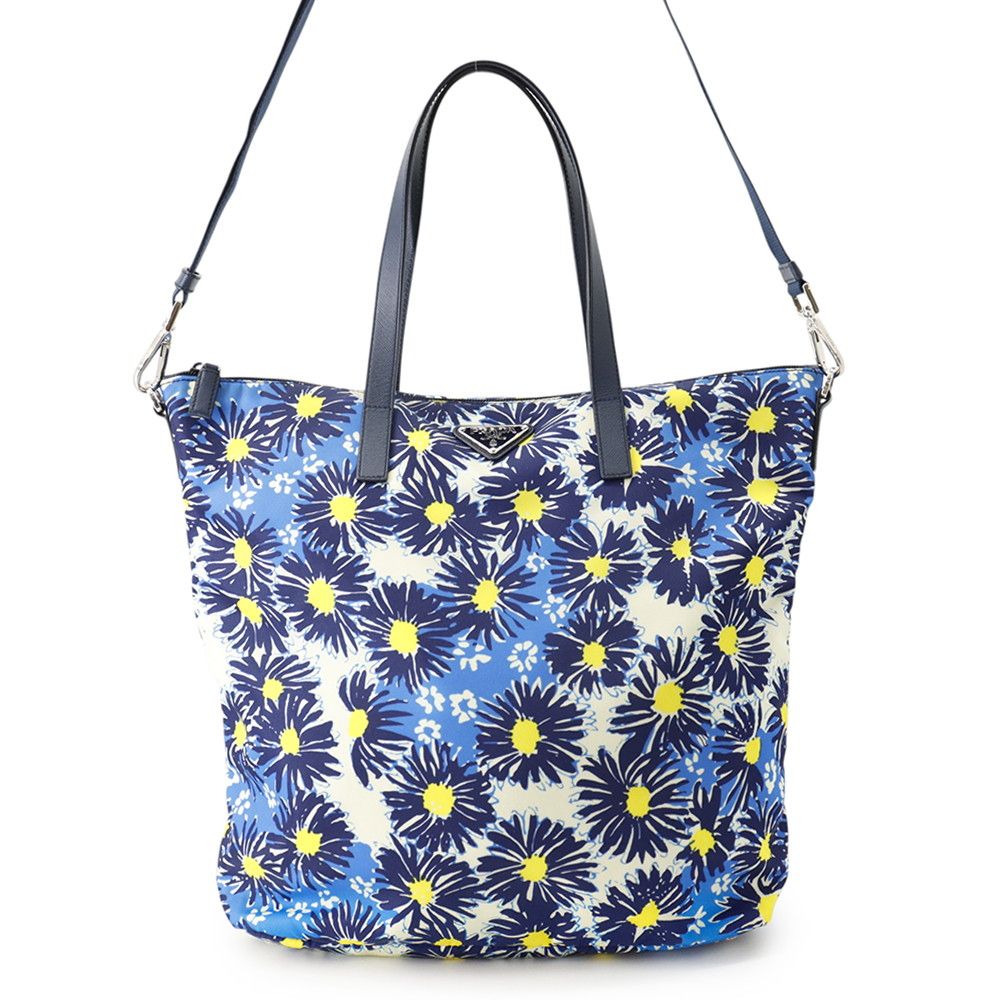 Prada Tote Flower Print Triangle Logo Nylon Leather 2-Way Shoulder Bag