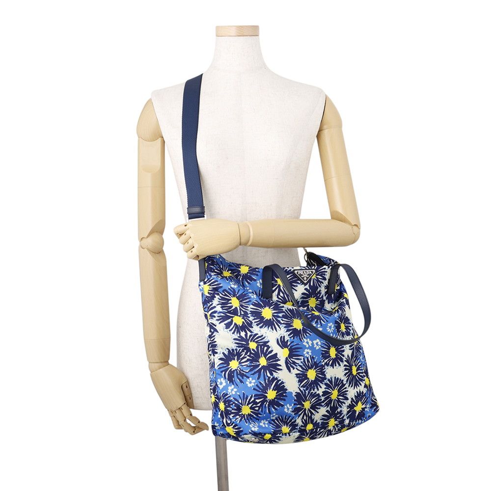 Prada Tote Flower Print Triangle Logo Nylon Leather 2-Way Shoulder Bag — view 5