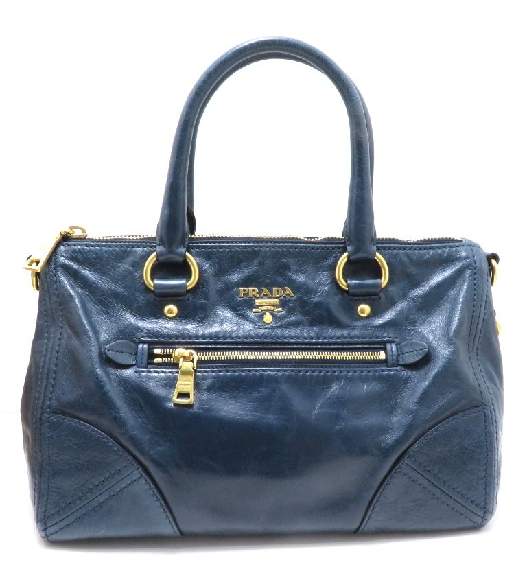Prada Vitello Shine 2-Way Bag Blue Leather Handbag