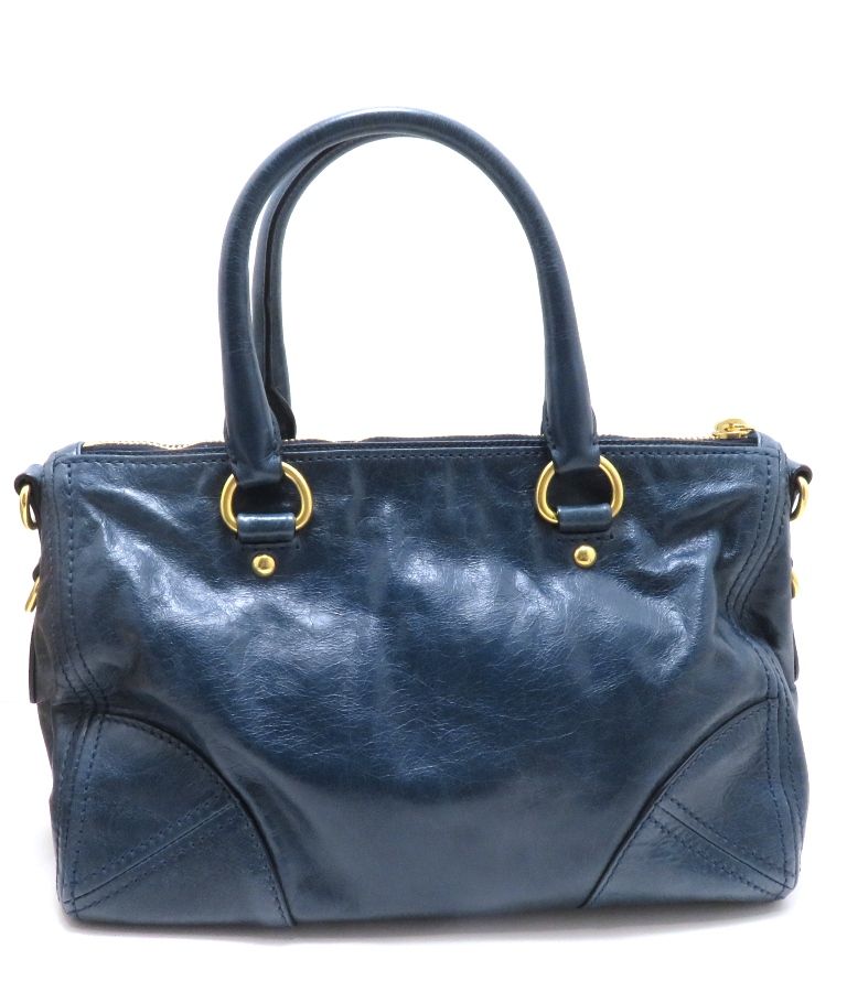 Prada Vitello Shine 2-Way Bag Blue Leather Handbag