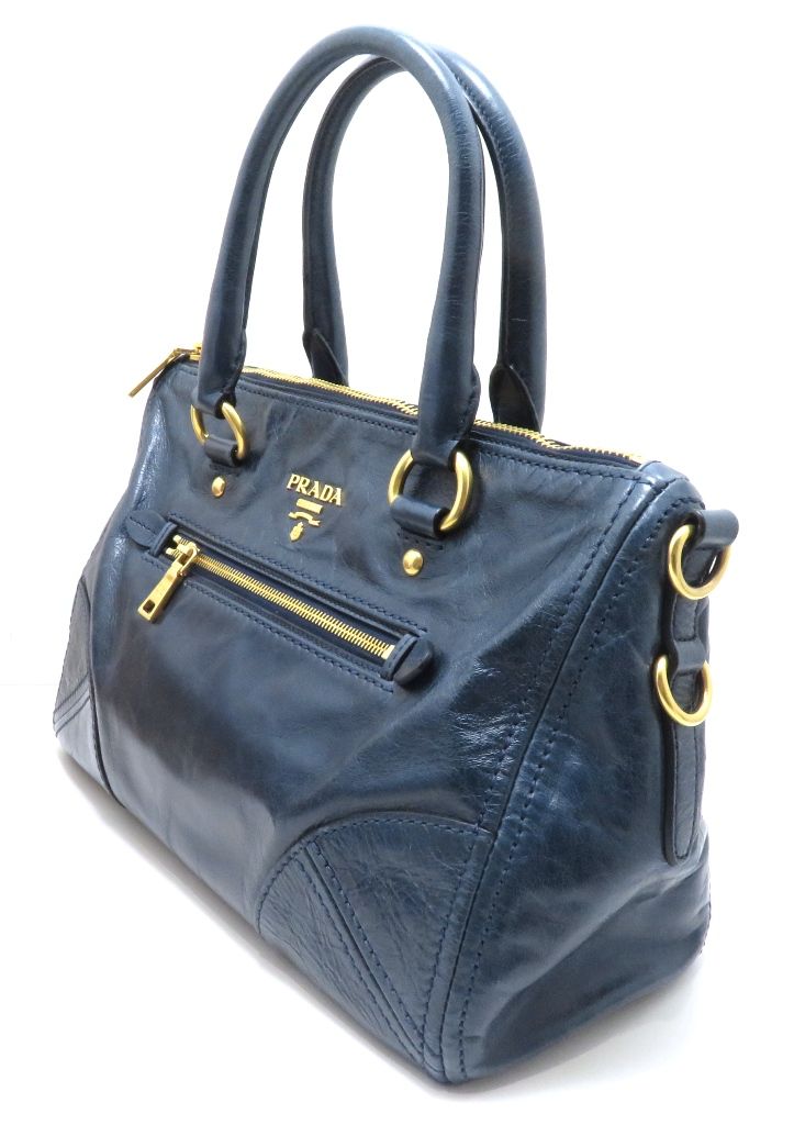 Prada Vitello Shine 2-Way Bag Blue Leather Handbag