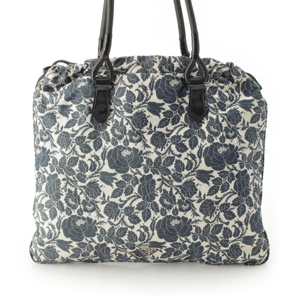 Prada Short Sleeve Silk Patent Triangle Logo Flower Drawstring Handbag White — view 2