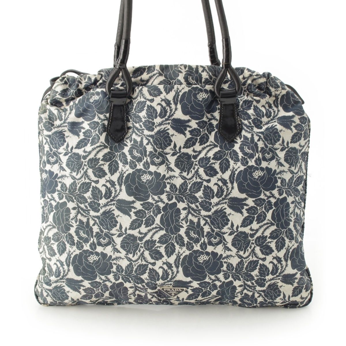 Prada Short Sleeve Silk Patent Triangle Logo Flower Drawstring Handbag White — view 2