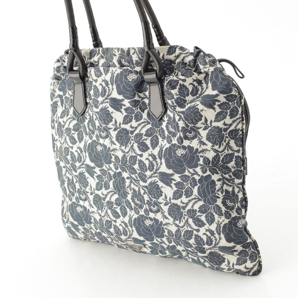 Prada Short Sleeve Silk Patent Triangle Logo Flower Drawstring Handbag White — view 3