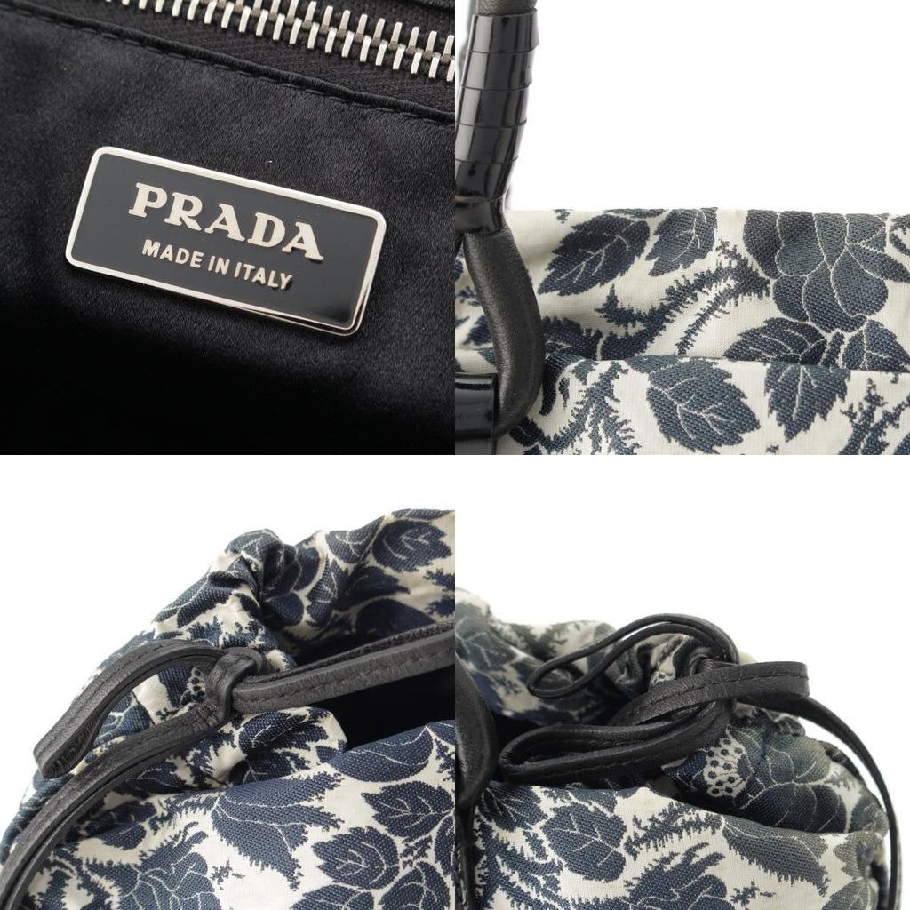 Prada Short Sleeve Silk Patent Triangle Logo Flower Drawstring Handbag White — view 8
