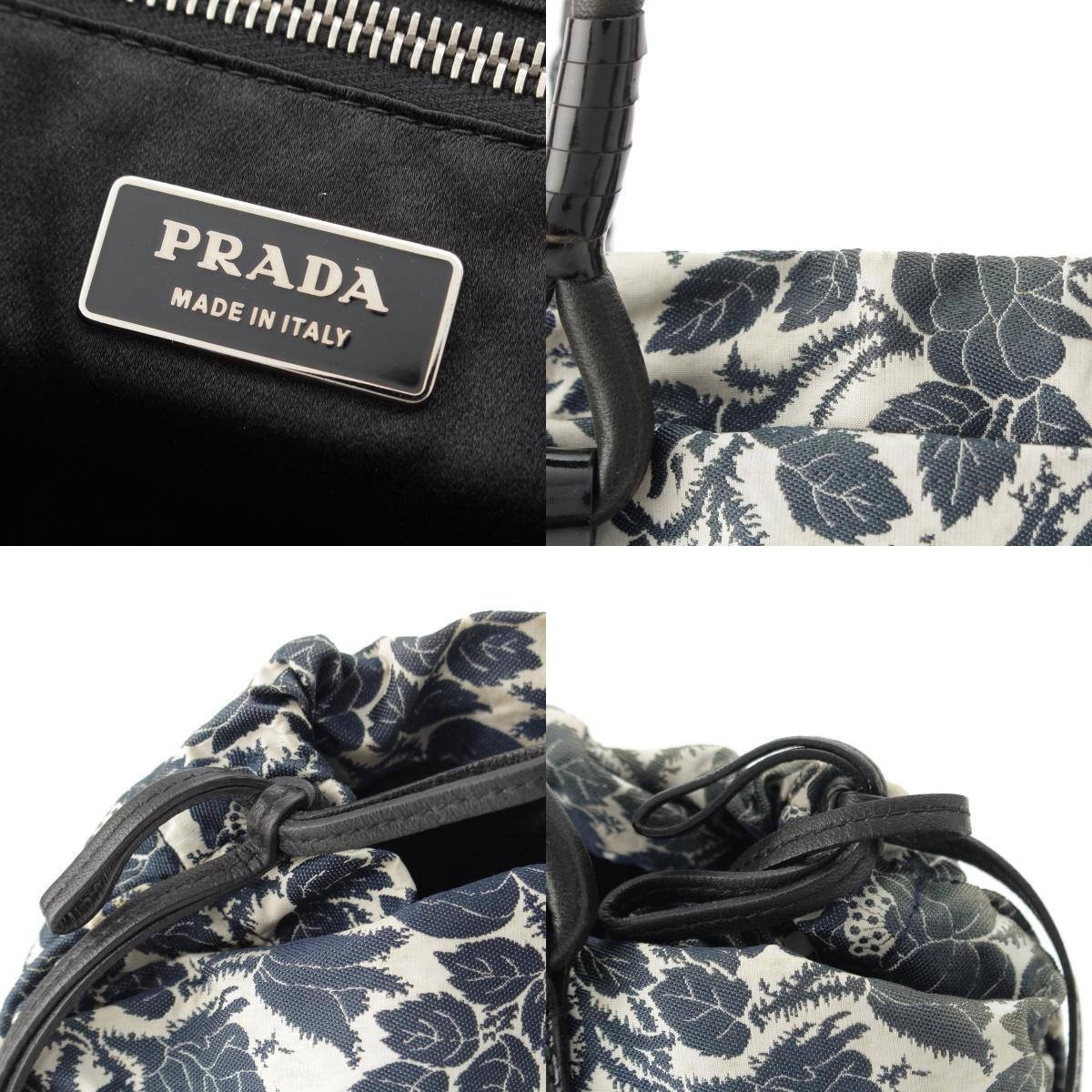 Prada Short Sleeve Silk Patent Triangle Logo Flower Drawstring Handbag White — view 8