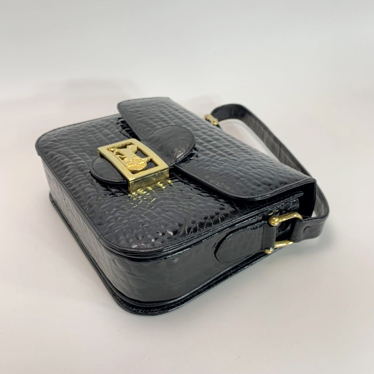 Celine Croco Embossed Patent Leather Gold Carriage Black Shoulder Bag — view 5