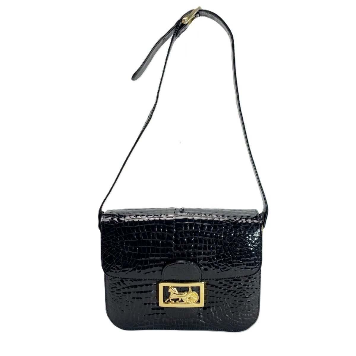 Celine Croco Embossed Patent Leather Gold Carriage Black Shoulder Bag