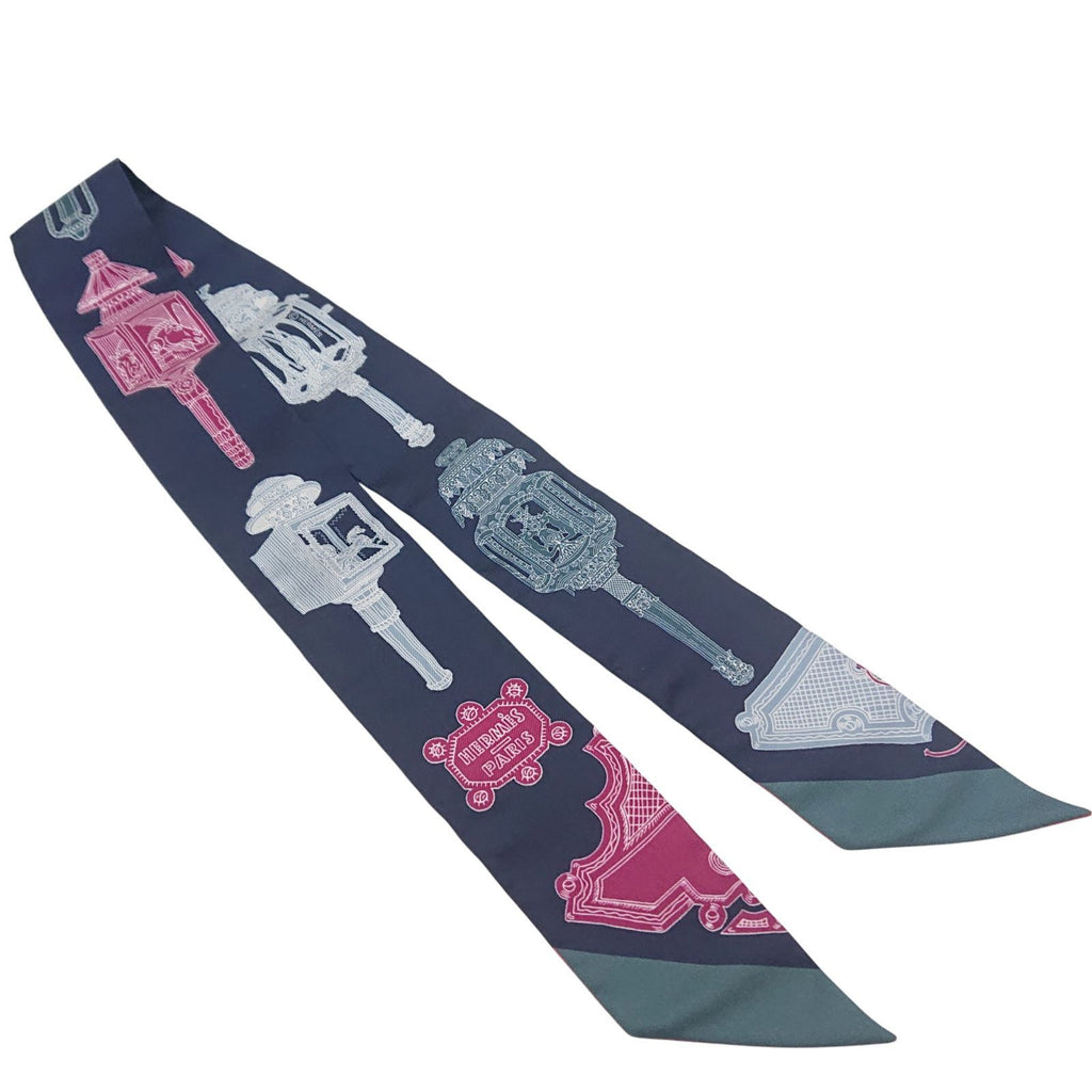 Hermes Twilly Merveilleuse Lantern Pierre Marie Silk Cavern Navy Scarf — view 2