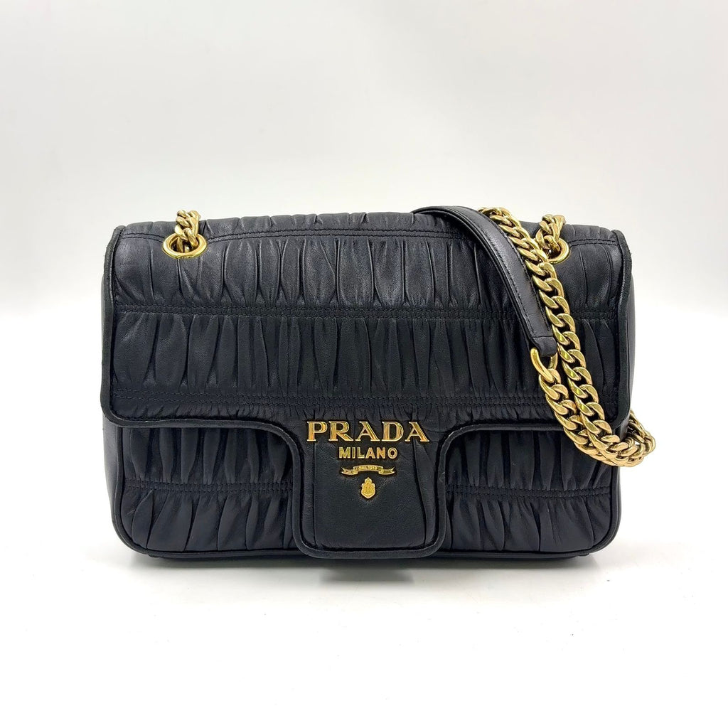 Prada Gathered Lambskin Black Chain Shoulder Bag Gold