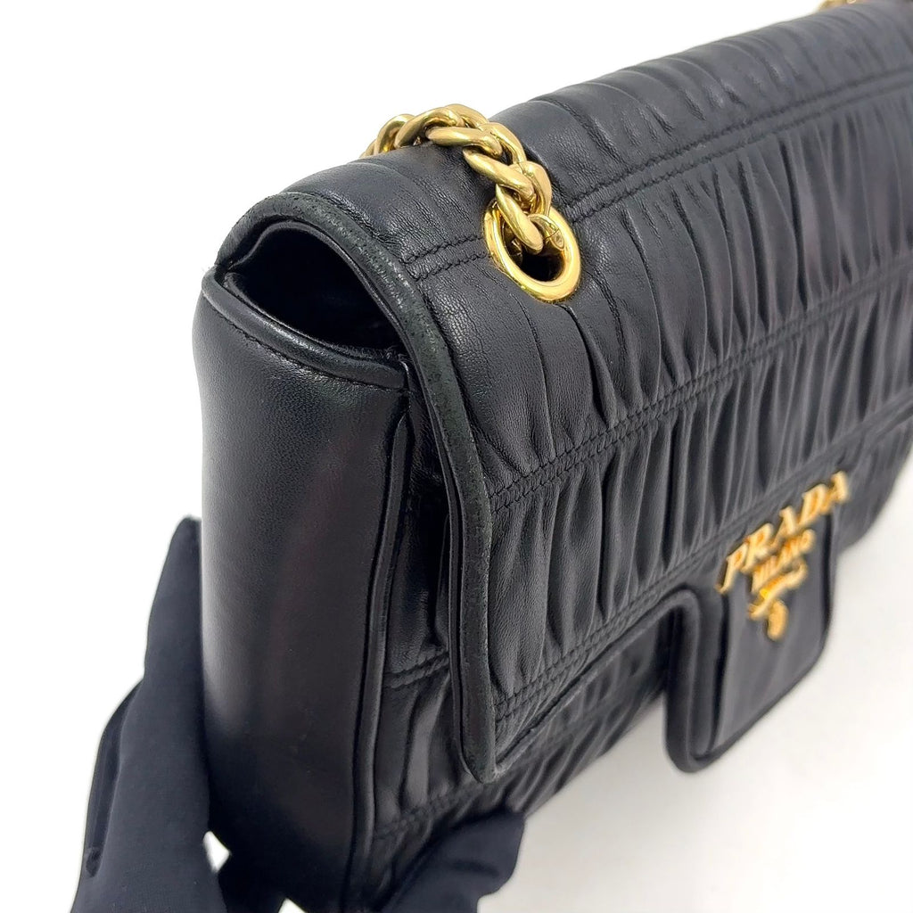 Prada Gathered Lambskin Black Chain Shoulder Bag Gold — view 8