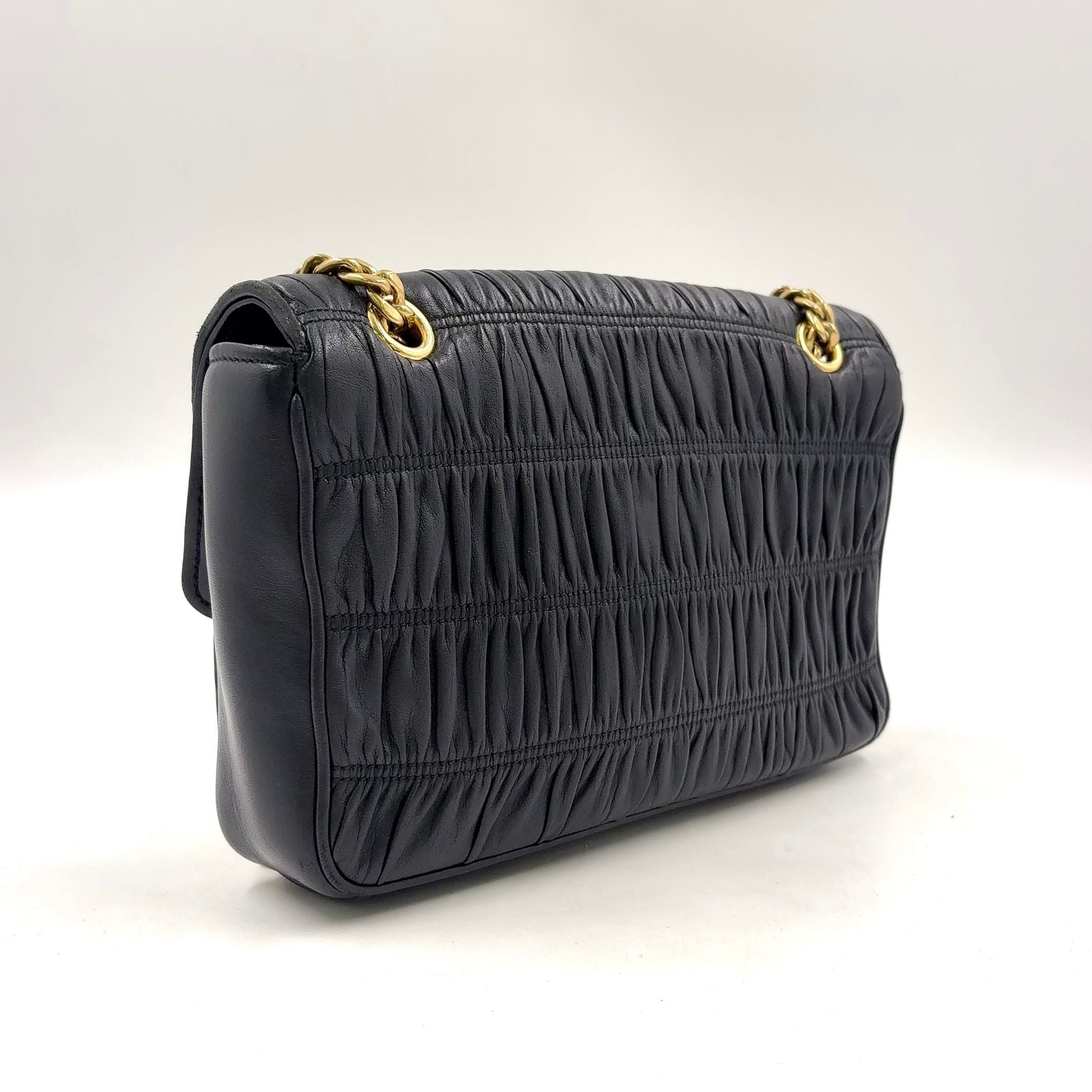 Prada Gathered Lambskin Black Chain Shoulder Bag Gold — view 2