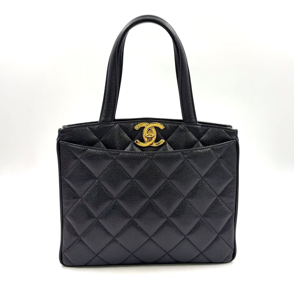 Chanel Quilted Turnlock Caviar Leather Black Tote Bag Gold