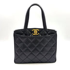 Chanel Quilted Turnlock Caviar Leather Black Tote Bag Gold