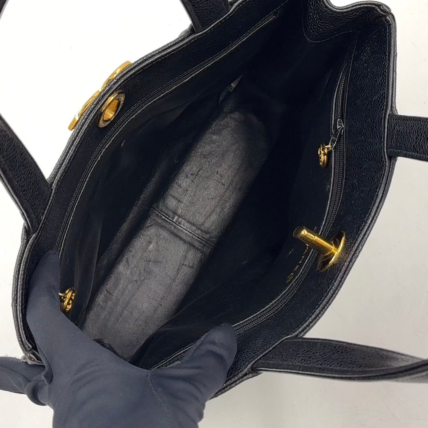 Chanel Quilted Turnlock Caviar Leather Black Tote Bag Gold — view 3