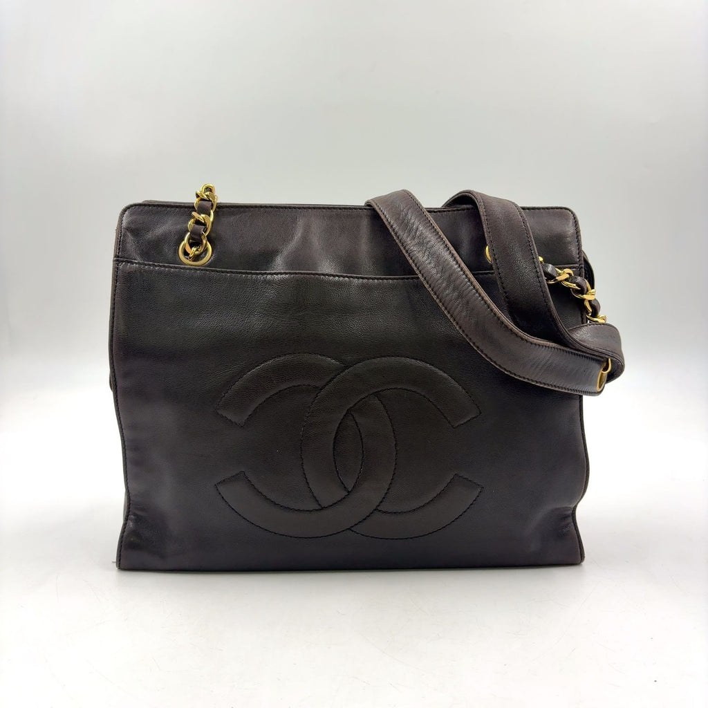 Chanel CC Logo Chain Lambskin Dark Brown Tote Bag Gold