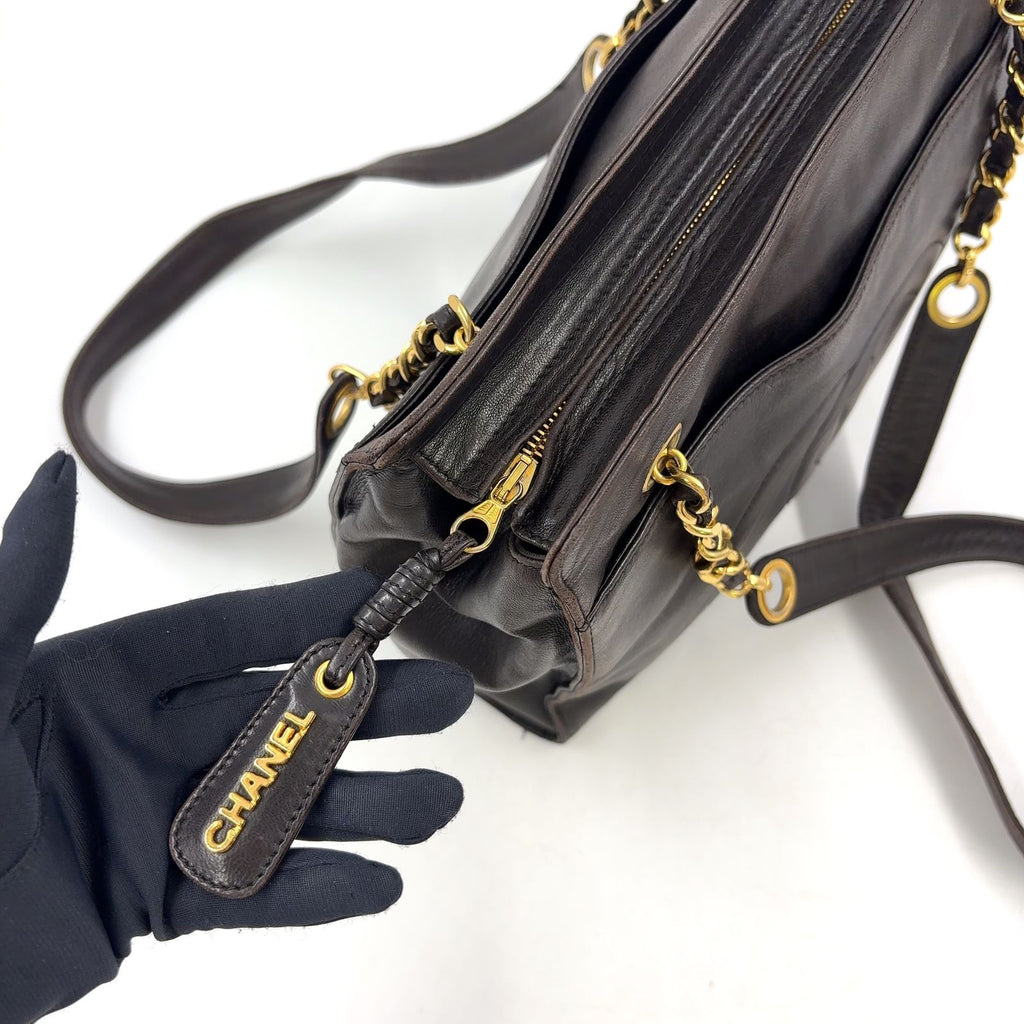 Chanel CC Logo Chain Lambskin Dark Brown Tote Bag Gold — view 8