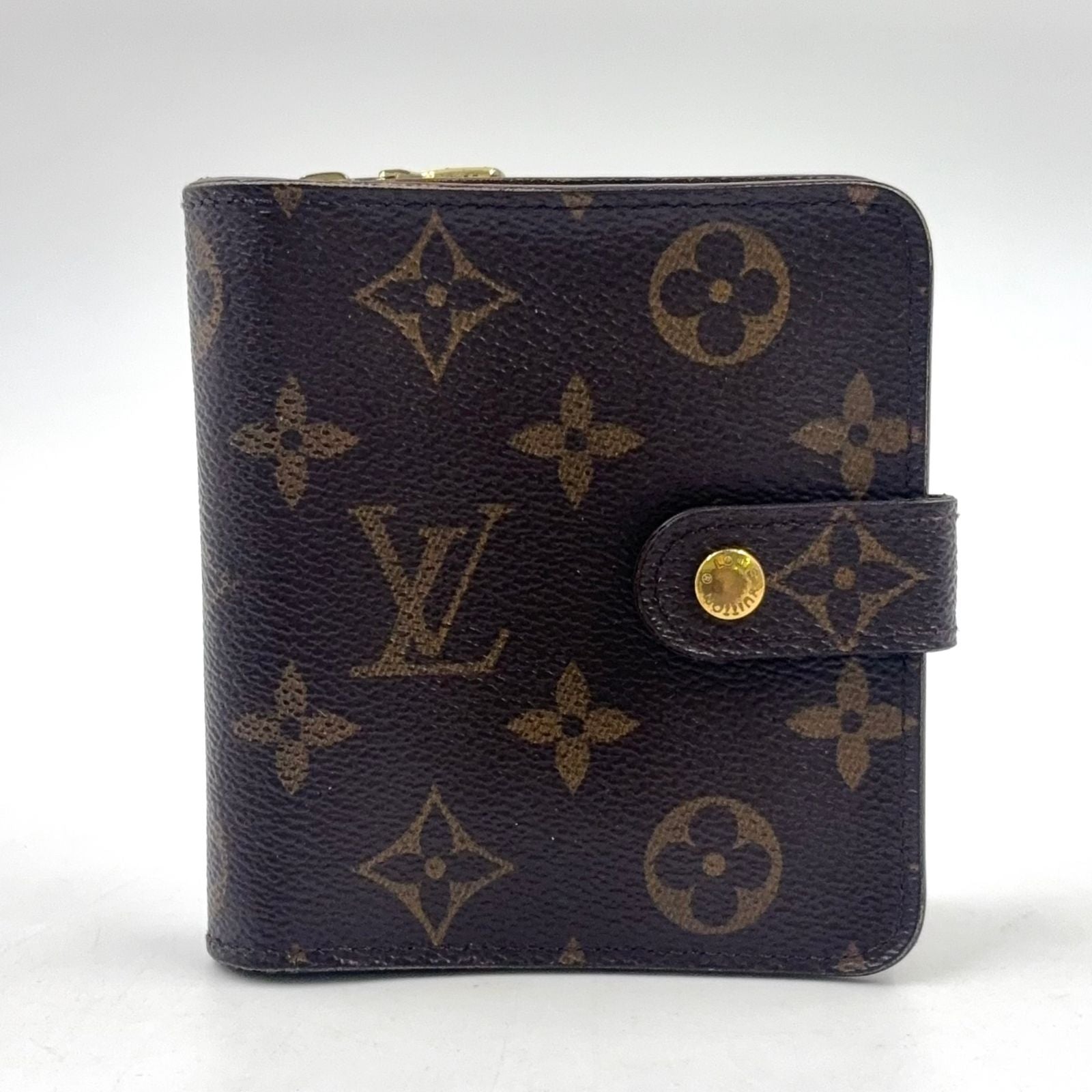 Louis Vuitton Compact Zip Monogram Leather Brown Bifold Wallet Gold