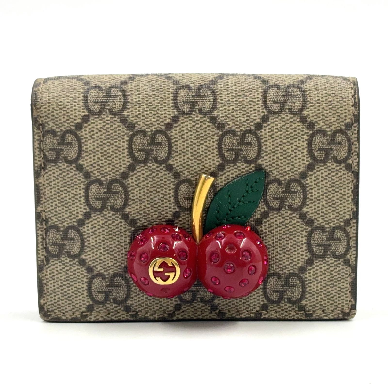 Gucci GG Supreme Compact Wallet Leather Beige Red Bifold Gold