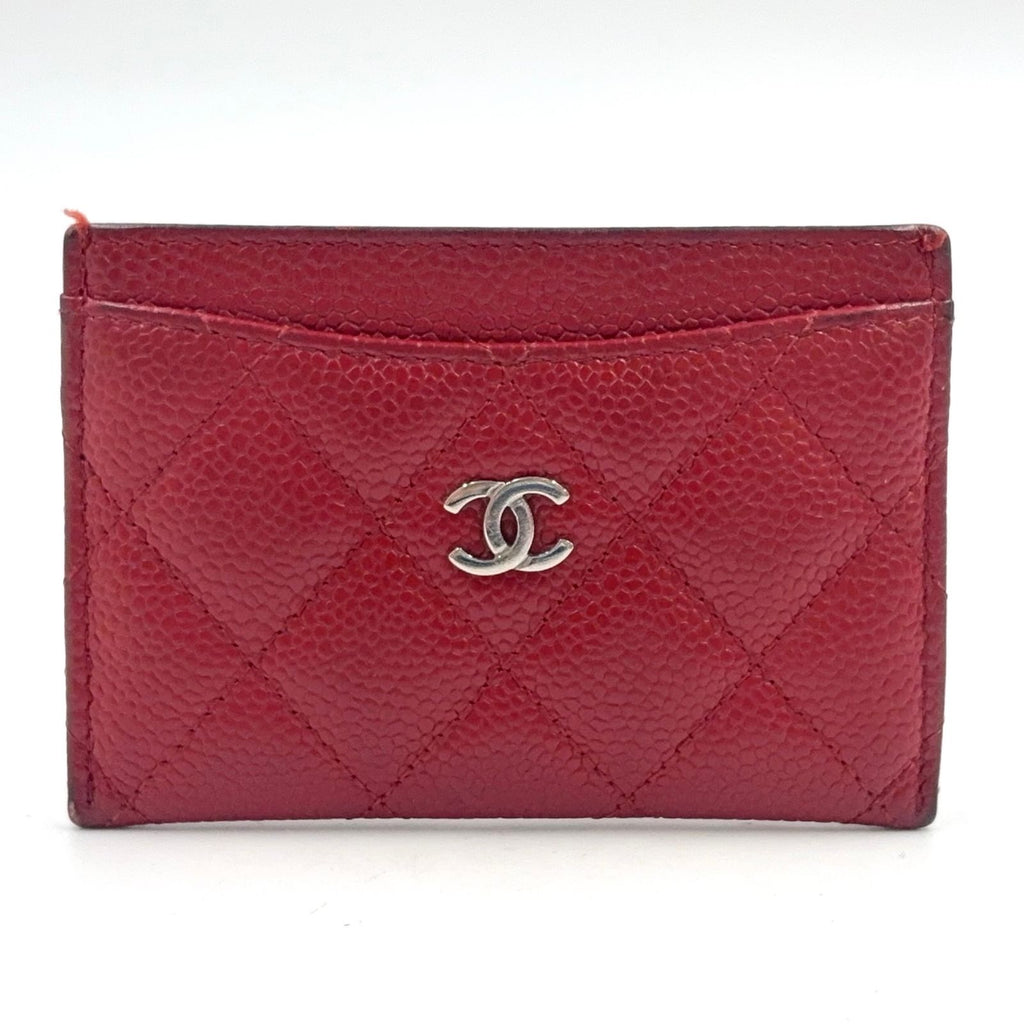Chanel Classic Caviar Leather Red Card Case Silver