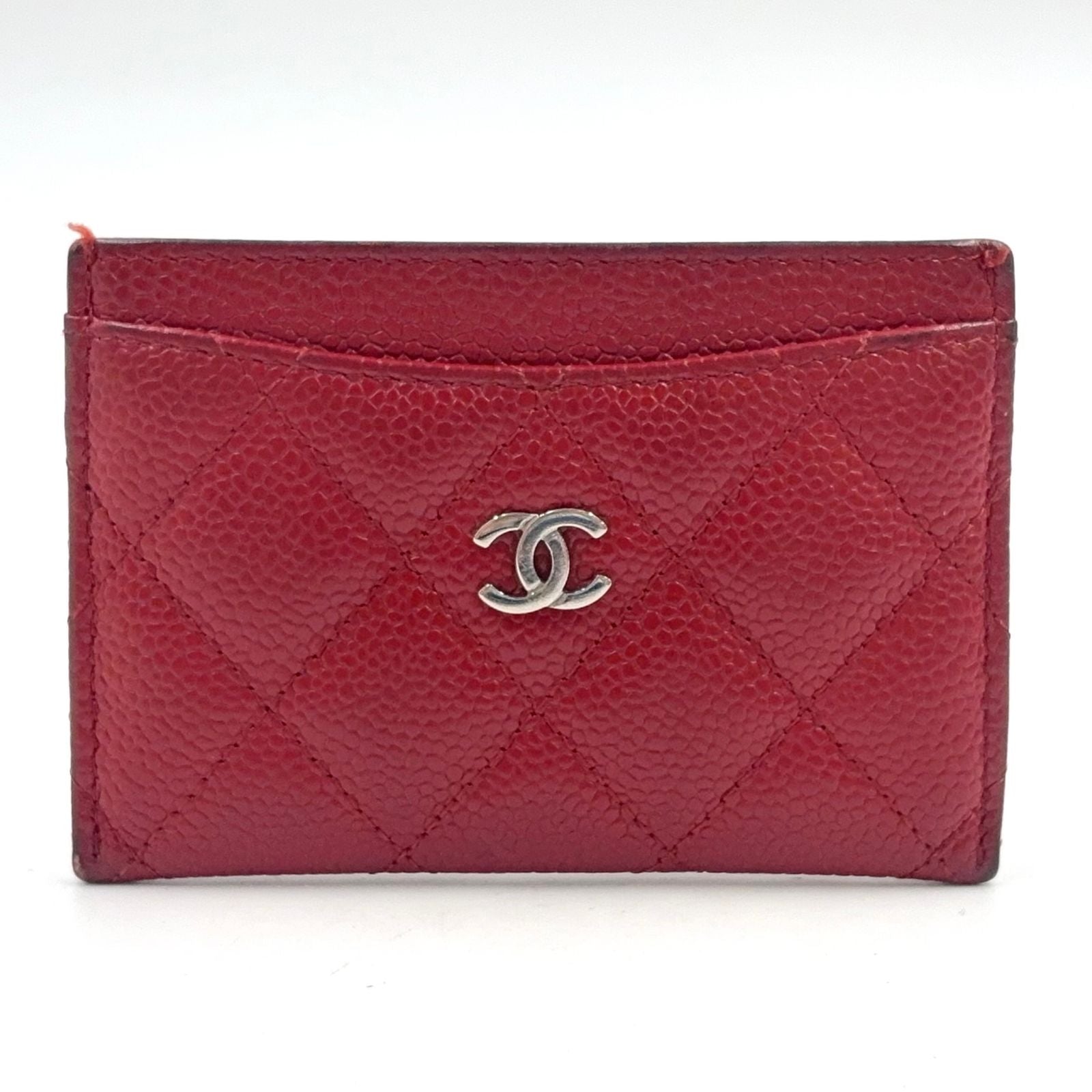 Chanel Classic Caviar Leather Red Card Case Silver