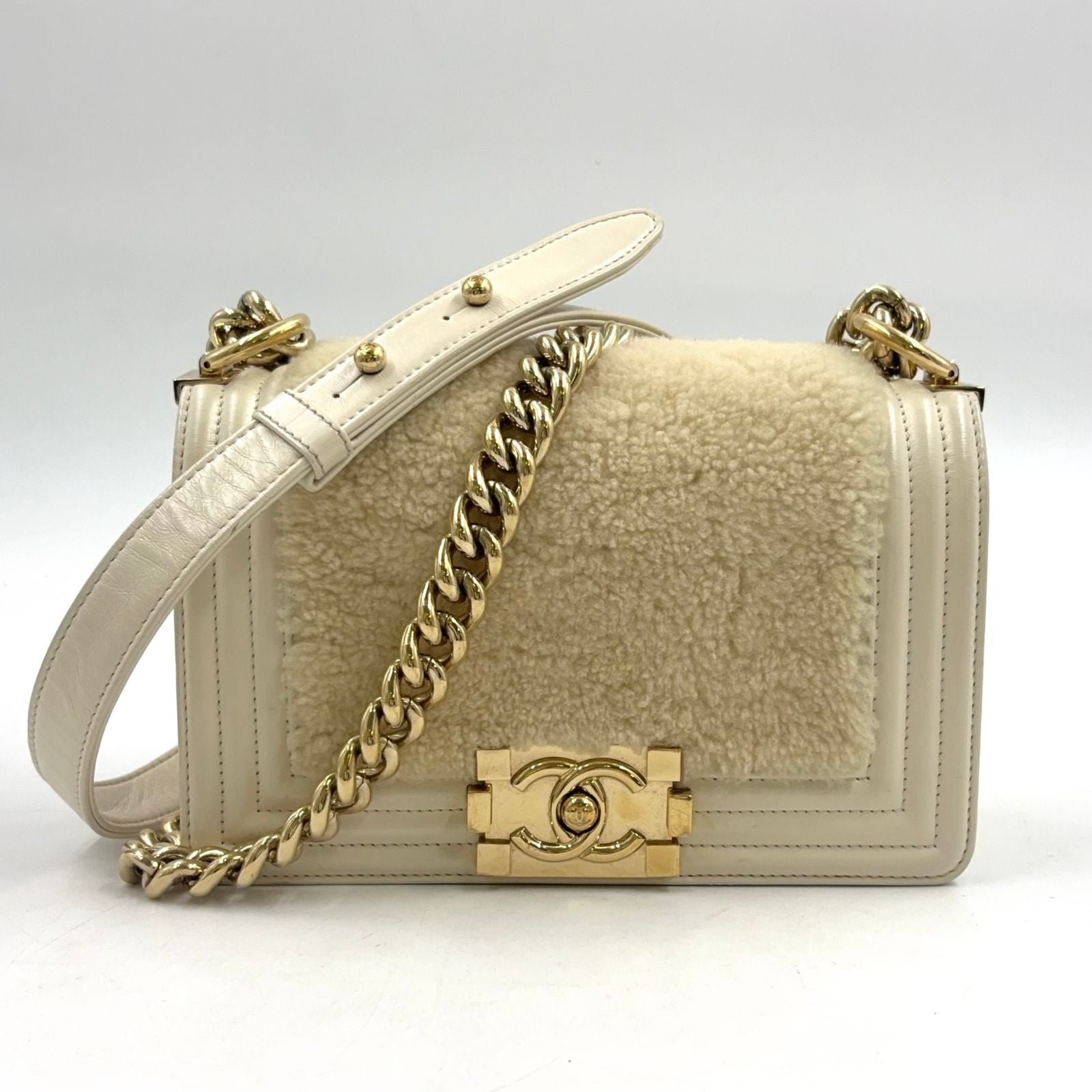 Chanel Boy Leather Shearling Ivory Chain Shoulder Bag Gold