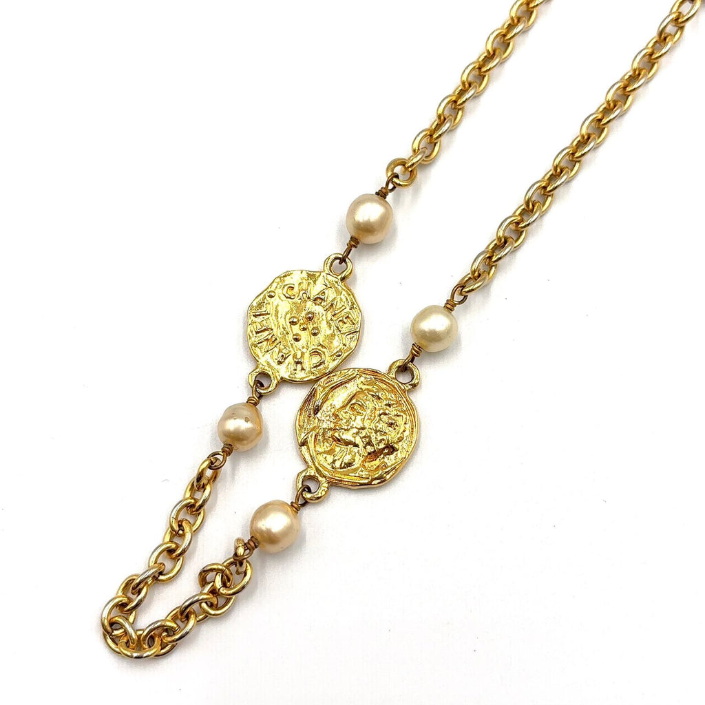 Chanel CC Logo Coin Motif Metal Faux Pearl Gold Necklace — view 2
