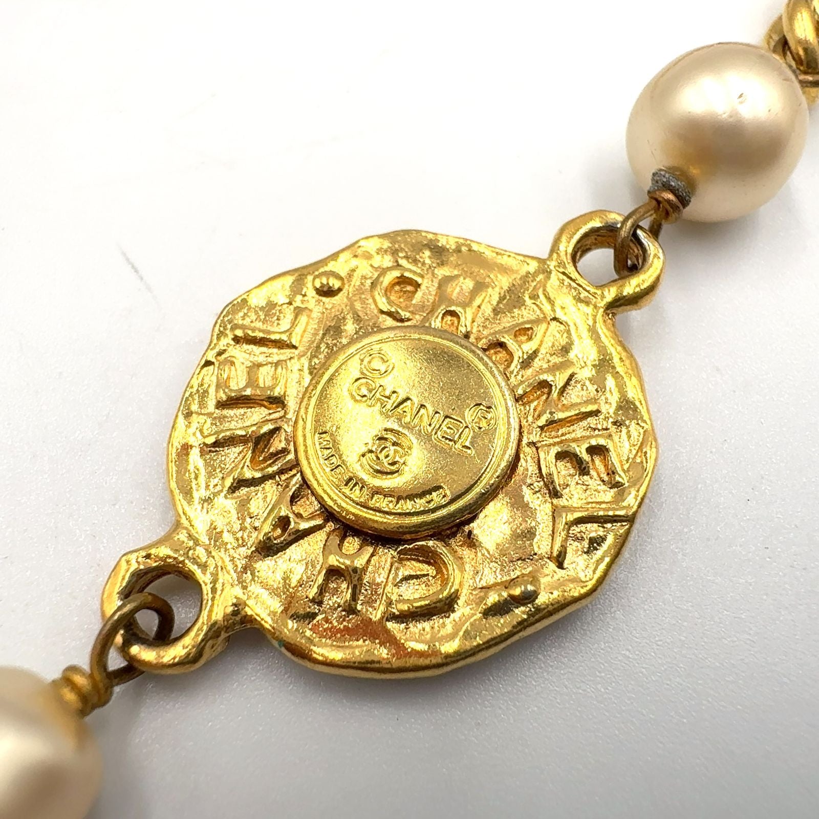 Chanel CC Logo Coin Motif Metal Faux Pearl Gold Necklace — view 4