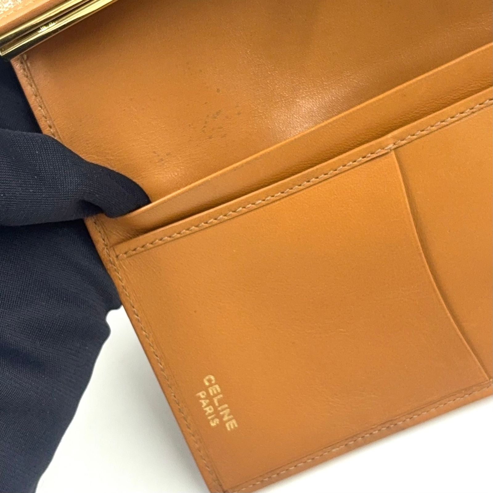 Celine Macadam Pattern Kiss Lock Bifold Wallet Leather Beige Gold — view 6