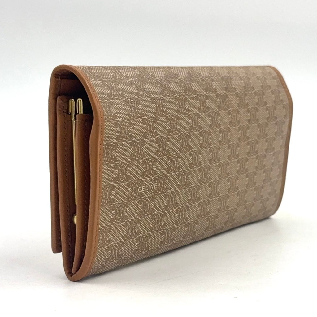 Celine Macadam Pattern Kiss Lock Bifold Wallet Leather Beige Gold — view 2