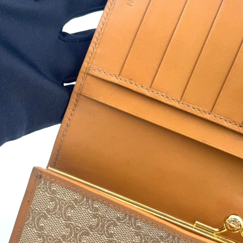 Celine Macadam Pattern Kiss Lock Bifold Wallet Leather Beige Gold — view 7