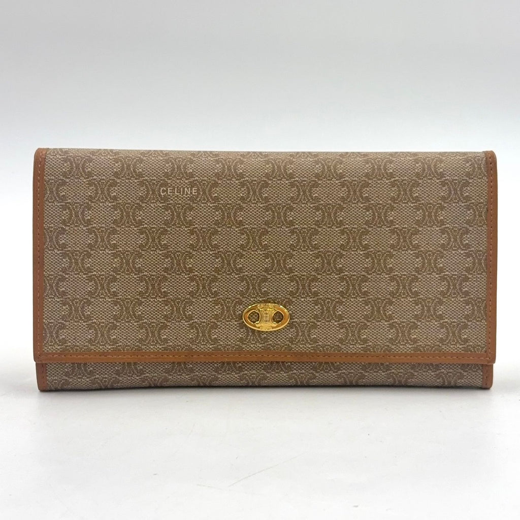 Celine Macadam Pattern Kiss Lock Bifold Wallet Leather Beige Gold