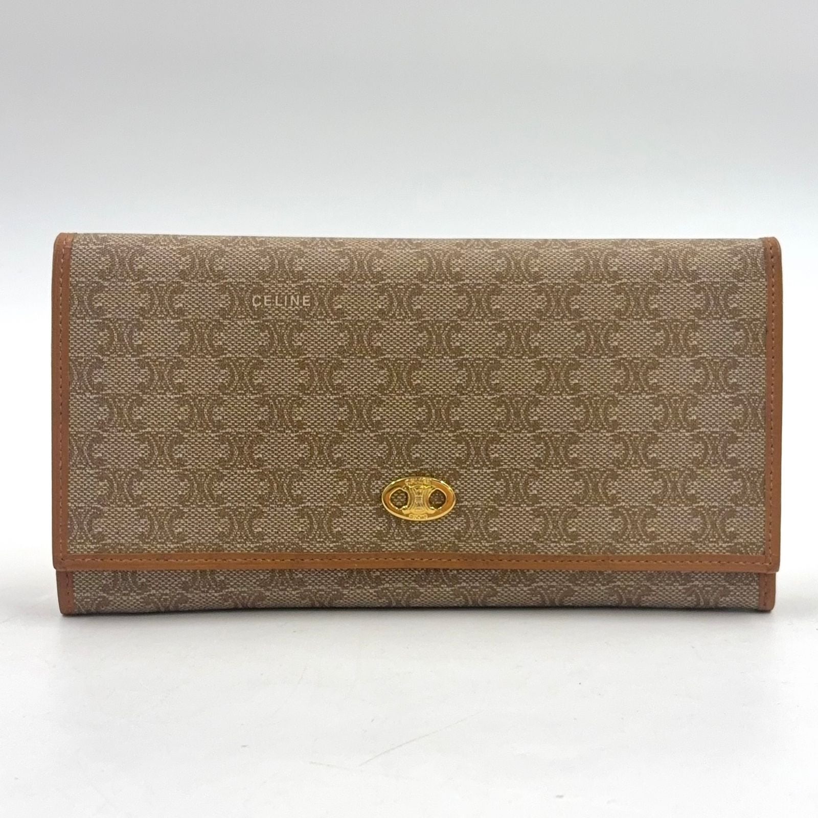 Celine Macadam Pattern Kiss Lock Bifold Wallet Leather Beige Gold
