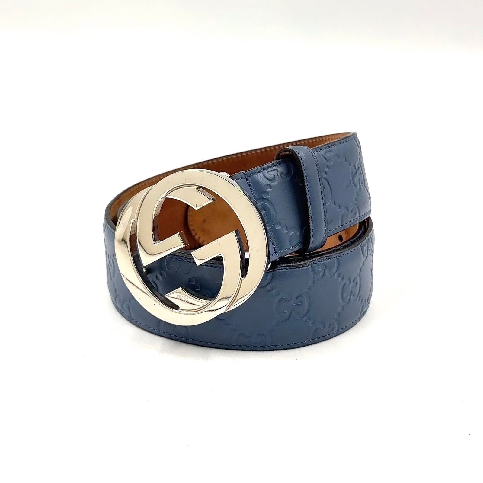 Gucci Interlocking G Buckle Leather Metal Blue Gray Belt Silver