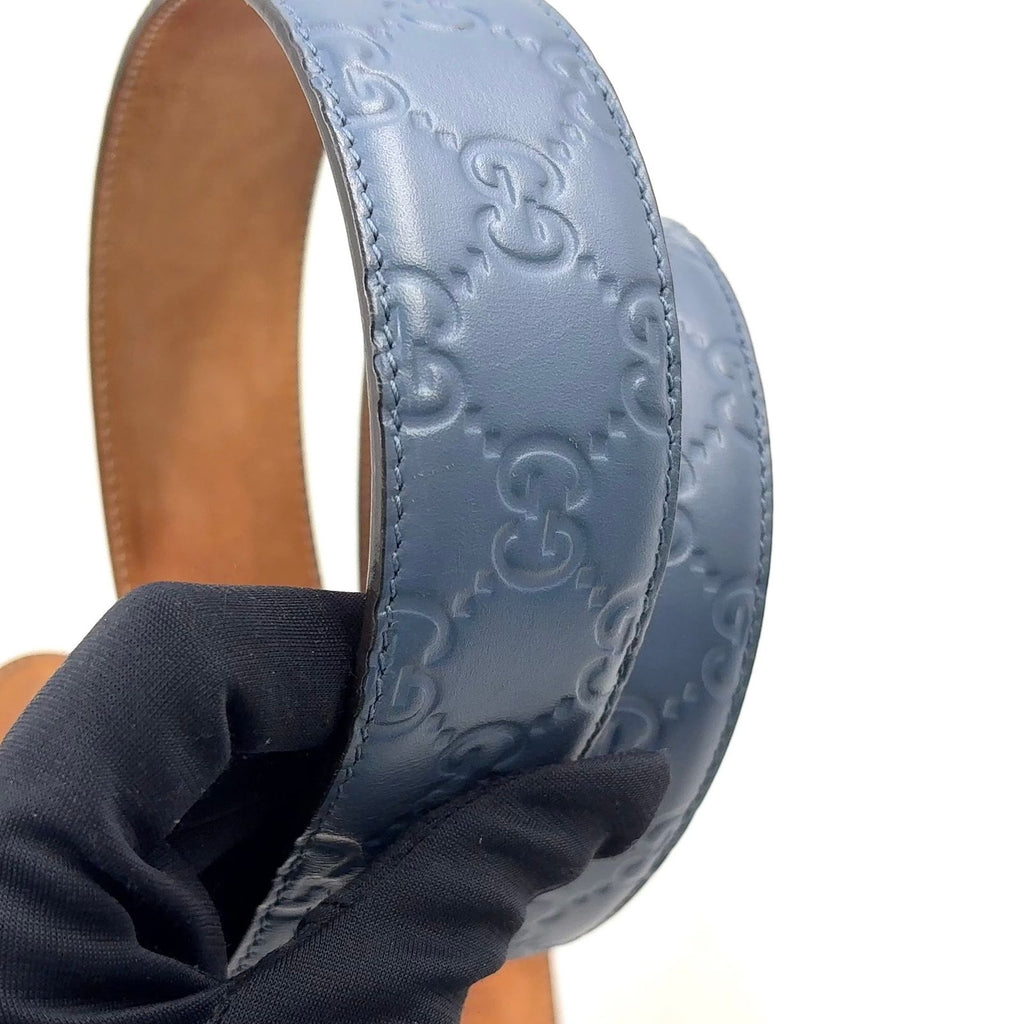 Gucci Interlocking G Buckle Leather Metal Blue Gray Belt Silver — view 8