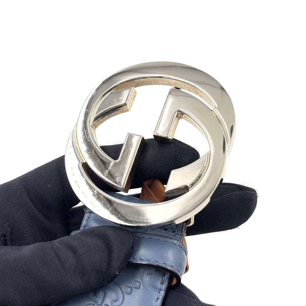 Gucci Interlocking G Buckle Leather Metal Blue Gray Belt Silver — view 5