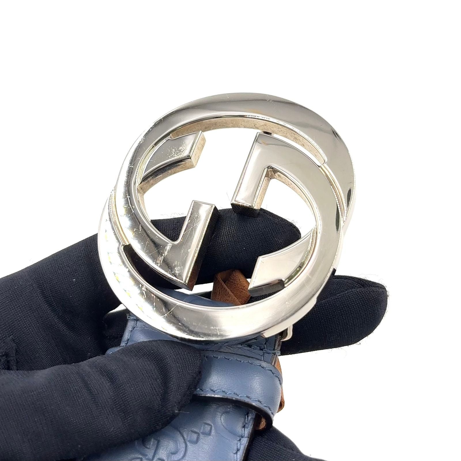 Gucci Interlocking G Buckle Leather Metal Blue Gray Belt Silver — view 5
