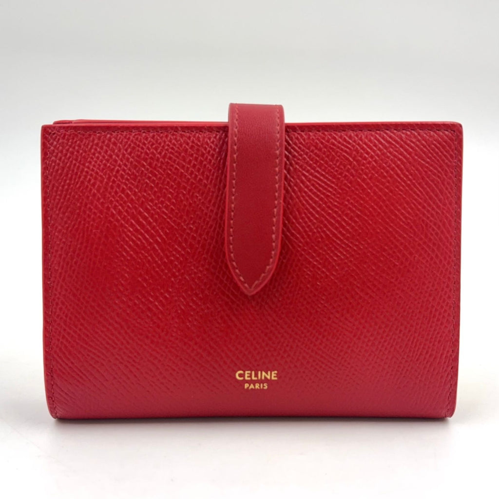 Celine Medium Strap Wallet Bifold Leather Red Gold