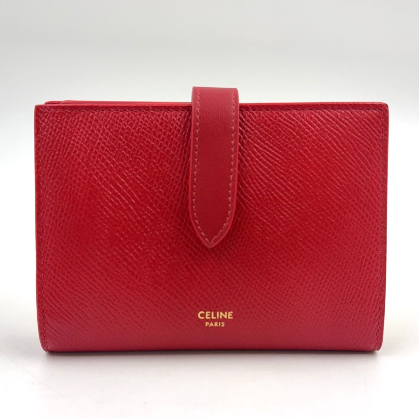 Celine Medium Strap Wallet Bifold Leather Red Gold