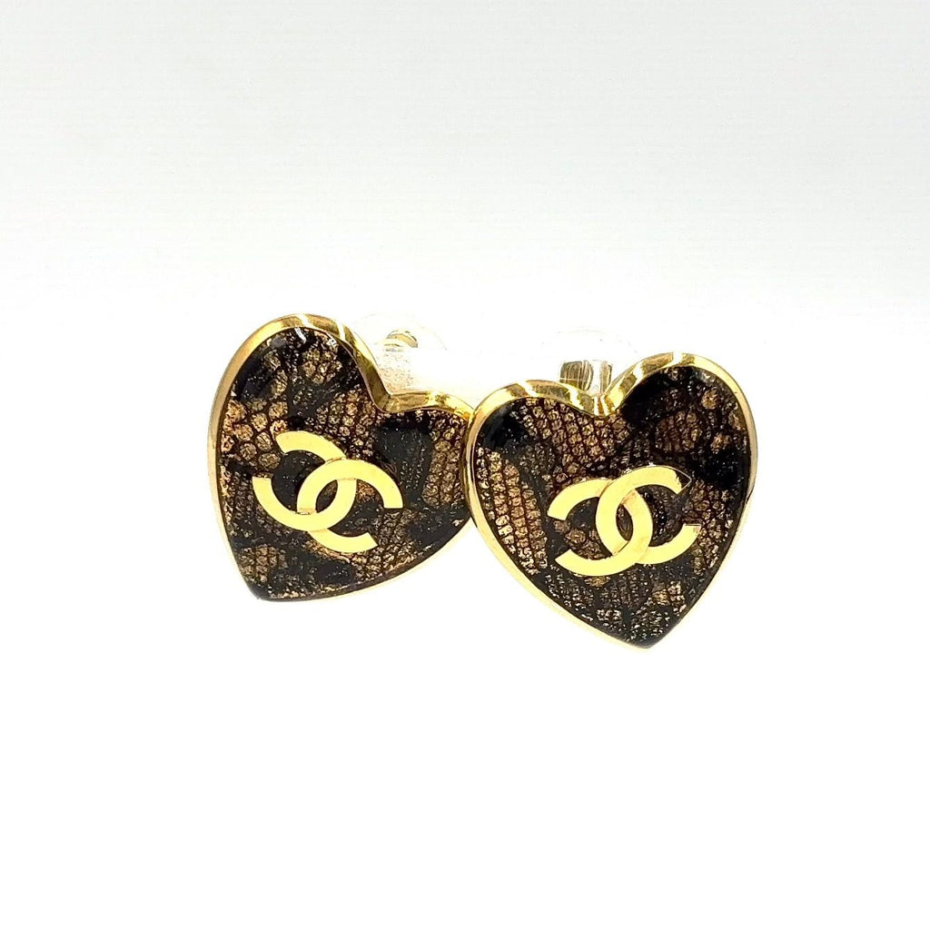 Chanel CC Logo Heart Motif Metal Resin Gold Earrings