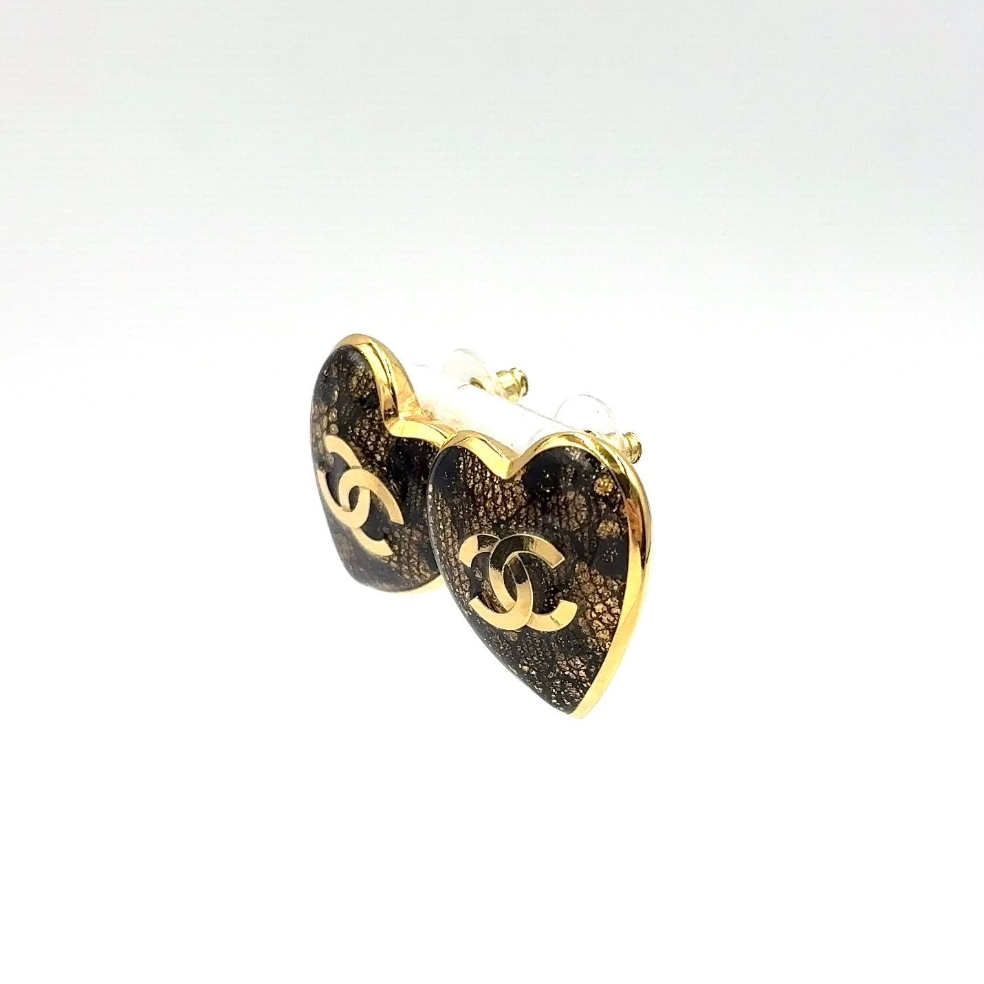 Chanel CC Logo Heart Motif Metal Resin Gold Earrings — view 2