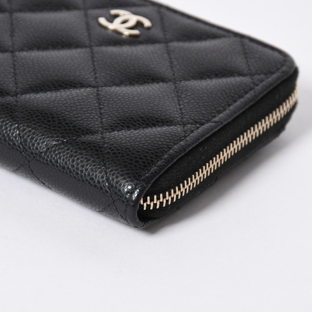 Chanel Quilted Compact Wallet Coin Purse Caviar Leather Black Gold — view 8