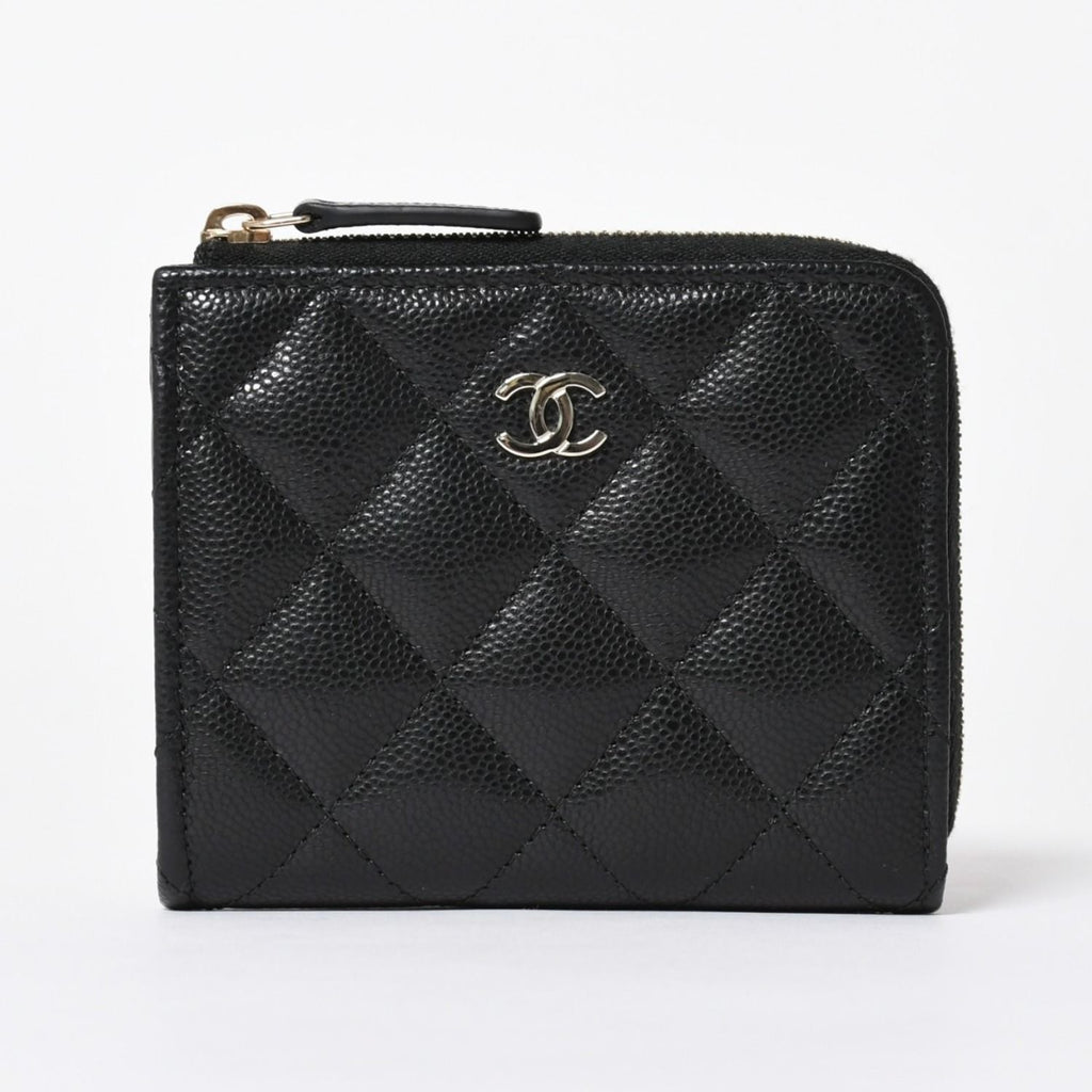 Chanel Quilted Compact Wallet Coin Purse Caviar Leather Black Gold