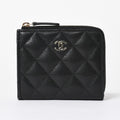 Chanel Quilted Compact Wallet Coin Purse Caviar Leather Black Gold