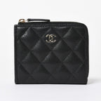 Chanel Quilted Compact Wallet Coin Purse Caviar Leather Black Gold